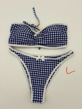 Blue Gingham Bandeau Bikini Set with White Trim NWT